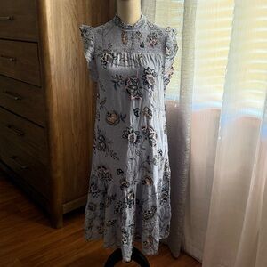 DR2 Blue Floral Midi Dress with Ruffle Sleeves